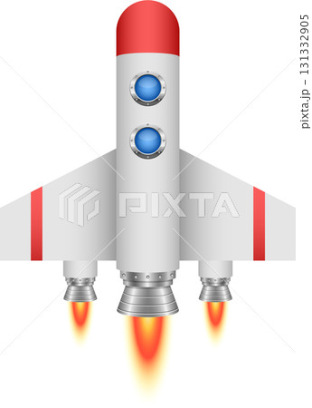 Cartoon-style rocketship with red top and fins, flying through space with fiery engines. Cartoon-style rocketship with red top and fins, flying through space with fiery engines. 131332905