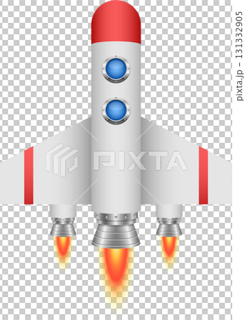 Cartoon-style rocketship with red top and fins, flying through space with fiery engines. Cartoon-style rocketship with red top and fins, flying through space with fiery engines. 131332905