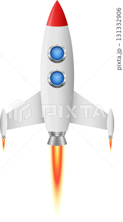 Cartoon illustration of a white rocket with red nosecone and orange exhaust against a black background. 131332906