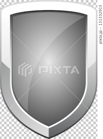 Silver metal shield with white outline, conveying security, protection, safety and resilience. 131332915