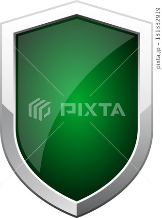 Protective Shield: A glossy, green shield with a silver metallic border, symbolizing security. Protective Shield: A glossy, green shield with a silver metallic border, symbolizing security. 131332919