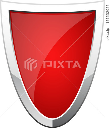 A glossy red shield with a silver trim is set against a black background. Sleek design. A glossy red shield with a silver trim is set against a black background. Sleek design. 131332923