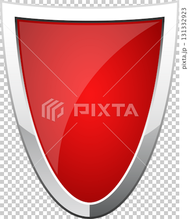 A glossy red shield with a silver trim is set against a black background. Sleek design. A glossy red shield with a silver trim is set against a black background. Sleek design. 131332923