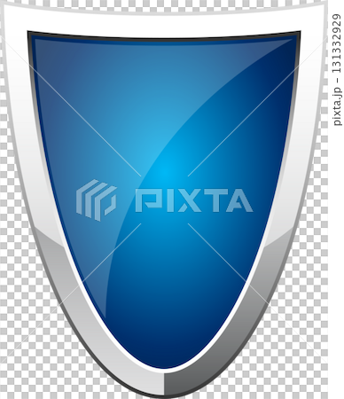A glossy blue shield emblem with a silver border, symbolizing protection and security element. 131332929