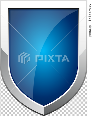 A gleaming shield with a metallic silver border and a vibrant, reflective blue surface. 131332935