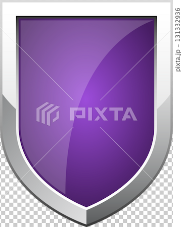 A glossy purple shield with a silver border, reflecting light with a shiny, modern design. 131332936