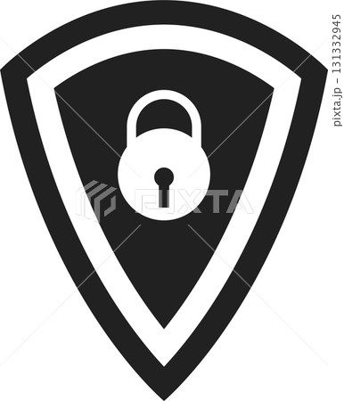 White padlock inside a shield on a black background suggests protection and security measures. White padlock inside a shield on a black background suggests protection and security measures. 131332945