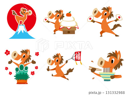 手描きのゆるい馬キャラクター 午年 年賀セット (富士山、鏡餅、門松他) 手描きのゆるい馬キャラクター 午年 年賀セット (富士山、鏡餅、門松他) 131332988