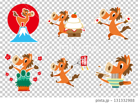 Hand-drawn, relaxed horse character. Year of the Horse New Year's set (Mt. Fuji, Kagami mochi, Kadomatsu, etc.) Hand-drawn, relaxed horse character. Year of the Horse New Year's set (Mt. Fuji, Kagami mochi, Kadomatsu, etc.) 131332988