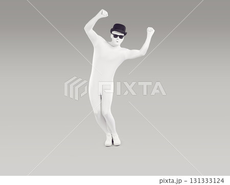 Unknown person dressed in white leotard dancing with his hands raised 131333124
