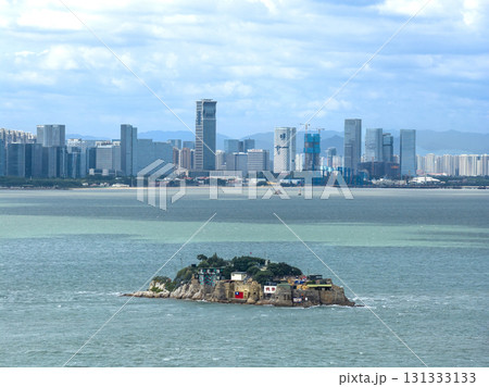 Aerial view of  the Shiyu island  between Kinmen, Taiwan and Xiamen, China. chinese text: Shiyu island 131333133