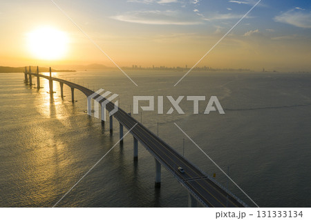 Aerial view of Kinmen Bridge  in Taiwan at sunset 131333134
