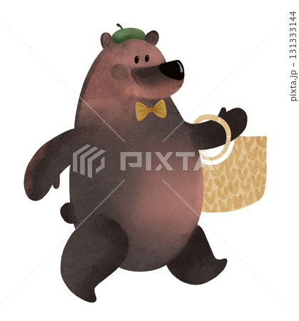 Cute brown bear travels, whimsical watercolor children's illustration. Perfect for kids' books, birthday cards, posters, travel with children, websites, tourism, travel agent website, business trip 131333144