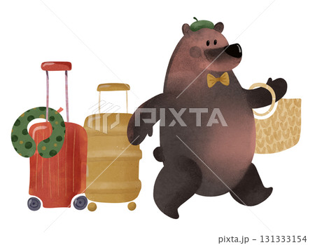Cute brown bear travels with red and yellow suitcases, whimsical watercolor children's illustration. Perfect for kids' books, birthday cards, posters, travel with children, websites, tourism Cute brown bear travels with red and yellow suitcases, whimsical watercolor children's illustration. Perfect for kids' books, birthday cards, posters, travel with children, websites, tourism 131333154