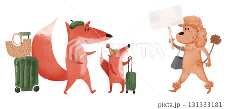 Adorable poodle with sign and purse meeting fox family with luggage and basket, whimsical watercolor kids' illustration. For children's books, posters, greeting cards, travel with children, tourism Adorable poodle with sign and purse meeting fox family with luggage and basket, whimsical watercolor kids' illustration. For children's books, posters, greeting cards, travel with children, tourism 131333181