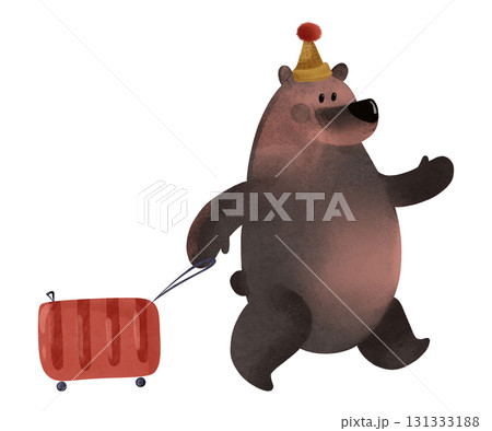 Cute brown bear in hat pulling red suitcase, whimsical watercolor children's illustration. Perfect for kids' books, birthday cards, posters, travel with children, websites, tourism 131333188
