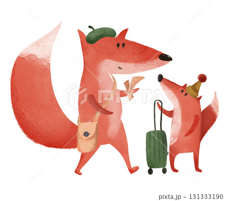 Charming foxes traveling: adult in beret holding ticket, kit in hat pulling suitcase. Whimsical watercolor kids' illustration. Ideal for children's books, posters, greeting cards, nursery decor. Charming foxes traveling: adult in beret holding ticket, kit in hat pulling suitcase. Whimsical watercolor kids' illustration. Ideal for children's books, posters, greeting cards, nursery decor. 131333190