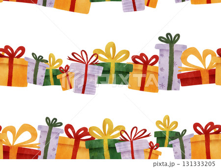 Hand-drawn seamless pattern with gift boxes in vibrant colors, perfect for holiday cards, wrapping paper, kids' party invites. Presents with bows. For festive designs and seasonal decorations 131333205