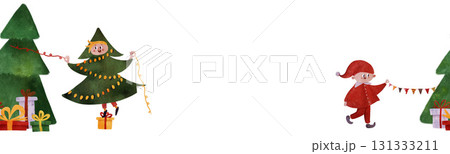 Seamless Christmas border with kids dressed as tree and elf, decorating with lights and bunting, gifts and trees. Perfect for holiday cards, wrapping, or kids' crafts. Hand-drawn, child-friendly style Seamless Christmas border with kids dressed as tree and elf, decorating with lights and bunting, gifts and trees. Perfect for holiday cards, wrapping, or kids' crafts. Hand-drawn, child-friendly style 131333211