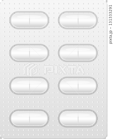 Eight white oval pills are presented in a gray blister pack, medicine for medical treatments. 131333291