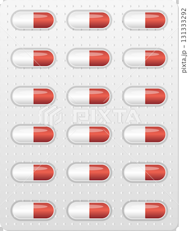 Pharmaceutical blister pack displaying capsules with a white and reddish-orange color scheme 131333292