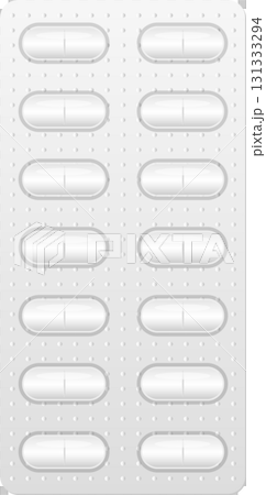 Close-up view of a blister pack filled with white, oblong tablets, commonly used for medication. 131333294