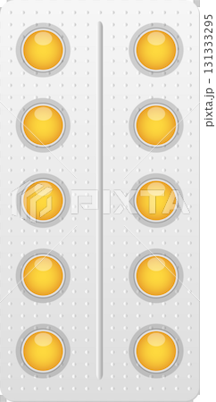 Silver blister pack filled with bright yellow round pills arranged in two vertical columns. 131333295