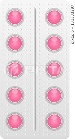 Pharmaceutical blister pack presents ten pink, round pills, each poised for individual release. Pharmaceutical blister pack presents ten pink, round pills, each poised for individual release. 131333297
