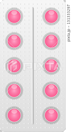 Pharmaceutical blister pack presents ten pink, round pills, each poised for individual release. Pharmaceutical blister pack presents ten pink, round pills, each poised for individual release. 131333297