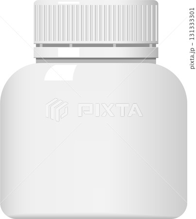 White medicine container with a ribbed cap and rounded edges, set against a black background. 131333301