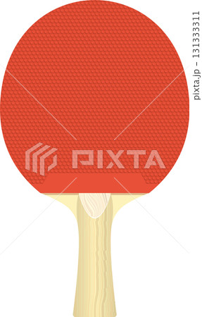 A vibrant red table tennis paddle with a textured surface and light wooden handle on a black background. A vibrant red table tennis paddle with a textured surface and light wooden handle on a black background. 131333311