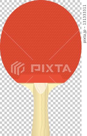 A vibrant red table tennis paddle with a textured surface and light wooden handle on a black background. 131333311
