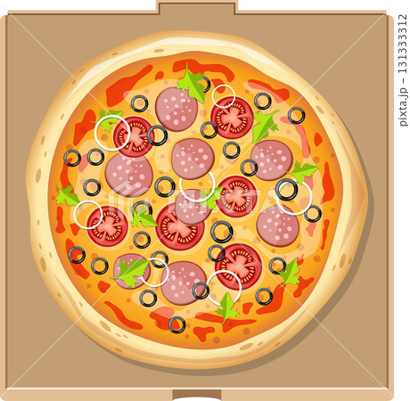 Delicious cartoon pizza inside a cardboard box, ready to be delivered or enjoyed at home. Delicious cartoon pizza inside a cardboard box, ready to be delivered or enjoyed at home. 131333312