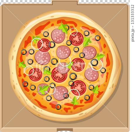 Delicious cartoon pizza inside a cardboard box, ready to be delivered or enjoyed at home. Delicious cartoon pizza inside a cardboard box, ready to be delivered or enjoyed at home. 131333312