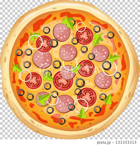 Overhead view of a cartoon-style pizza with sausage, tomatoes, onions, and black olive toppings. 131333313