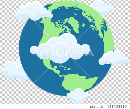 A cartoon Earth covered with fluffy white clouds, floating in dark outer space environment. A cartoon Earth covered with fluffy white clouds, floating in dark outer space environment. 131333319