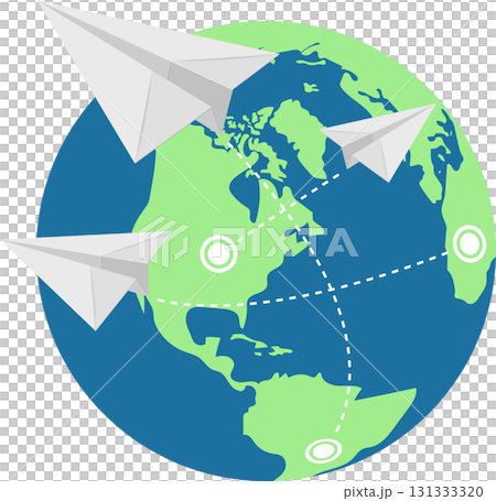 Global communication shown with paper airplanes traversing the world, illustrating connection 131333320