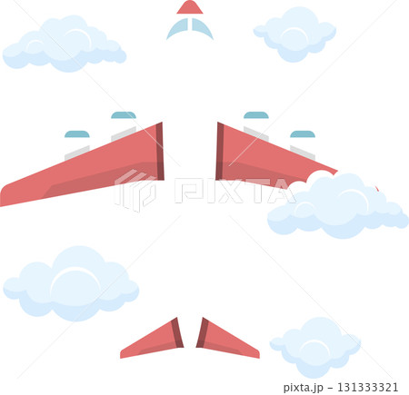 Aerial view of a passenger jet plane soaring through a sky dotted with fluffy clouds. Aerial view of a passenger jet plane soaring through a sky dotted with fluffy clouds. 131333321