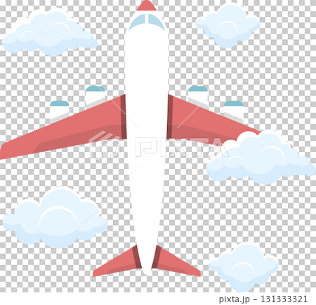 Aerial view of a passenger jet plane soaring through a sky dotted with fluffy clouds. Aerial view of a passenger jet plane soaring through a sky dotted with fluffy clouds. 131333321