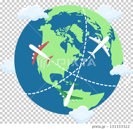 Global Travel: Airplanes circumnavigate world, connecting countries and continents with routes. Global Travel: Airplanes circumnavigate world, connecting countries and continents with routes. 131333322
