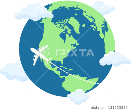 Airplane flies around globe, among clouds. Illustrative depiction of worldwide travel. Airplane flies around globe, among clouds. Illustrative depiction of worldwide travel. 131333323