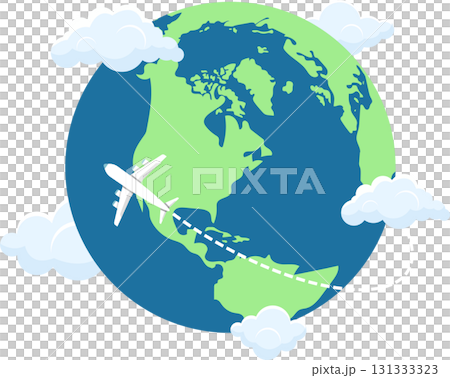 Airplane flies around globe, among clouds. Illustrative depiction of worldwide travel. Airplane flies around globe, among clouds. Illustrative depiction of worldwide travel. 131333323