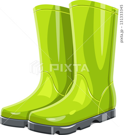 A pair of bright green rain boots standing side by side, perfect for wet weather protection. A pair of bright green rain boots standing side by side, perfect for wet weather protection. 131333345