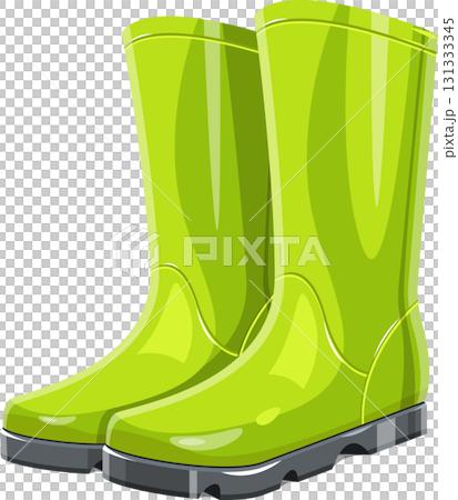 A pair of bright green rain boots standing side by side, perfect for wet weather protection. A pair of bright green rain boots standing side by side, perfect for wet weather protection. 131333345
