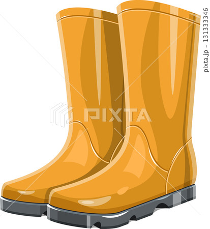 Cartoon illustration of a pair of yellow rubber rain boots with thick soles, prepared for outdoors Cartoon illustration of a pair of yellow rubber rain boots with thick soles, prepared for outdoors 131333346