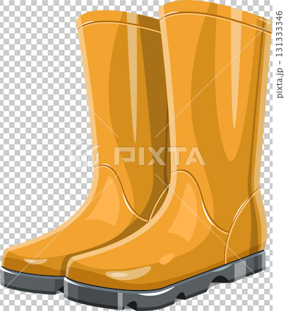 Cartoon illustration of a pair of yellow rubber rain boots with thick soles, prepared for outdoors Cartoon illustration of a pair of yellow rubber rain boots with thick soles, prepared for outdoors 131333346