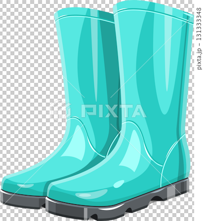 A pair of vibrant turquoise rain boots, perfect for keeping feet dry in wet weather conditions. 131333348