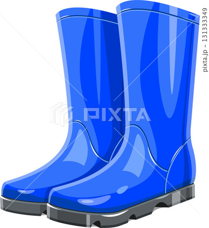 Cartoon style illustration of a pair of tall, bright blue rain boots. Footwear for wet weather. 131333349