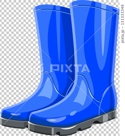 Cartoon style illustration of a pair of tall, bright blue rain boots. Footwear for wet weather. 131333349