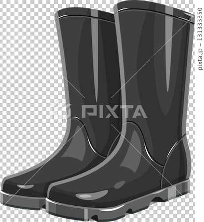 Pair of glossy, dark gray waterproof boots, essential footwear for wet weather protection. 131333350